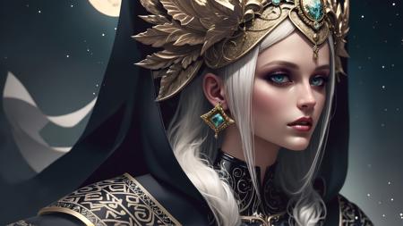 award winning studio photo of beautiful powefull female god, epic pose, white hair,  (close up:1.2), (ultra detailed:1.4), lots details,  hdr, (luxary holographic dress:1.4), (cloak:1.2), (complex patterns:1.2),  (ancient caligraphy:1.2), makeup, headdress, decorations, detailed face, nature skin texture,  bright colors, (saturated:1.2), vibrant colors, night, dark, moon light, nimb, (skin texture:0.7), fire