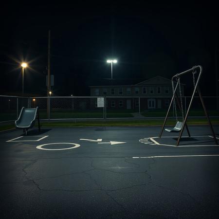 A liminal space of an empty elementary school playground at night, bathed in the dim glow of flickering streetlights. The cracked asphalt, once filled with laughter and running feet, is now eerily silent. The faded hopscotch lines and scuffed four-square courts remain, ghostly reminders of a time that feels distant yet strangely familiar.
The old metal swings creak gently in the night breeze, swaying ever so slightly as if someone just left. The slide, its metal surface cold and reflecting the pale moonlight, stands abandoned. The chain-link fence enclosing the playground rattles softly, the only sound breaking the heavy silence. The dull hum of a distant highway lingers in the air, mixing with the faint scent of chalk and damp pavement.
Beyond the playground, the darkened school building looms, its windows empty and unblinking. A single fluorescent light flickers in a distant hallway, casting long, unsettling shadows. Though no one is here, the place feels alive, as if the echoes of recess and childhood games still cling to the air. This is a place you’ve been before—or maybe just dreamed of—a space between memories, forever paused in time.