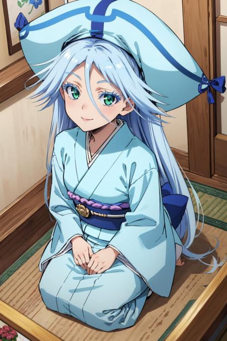 masterpiece, best quality, <lora:kuroageha-nvwls-v1-000009:0.9> kuroageha, green eyes, blue hair, very long hair, blue hat, blue kimono, sash, seiza, looking at viewer, smile, japanese architecture, indoors, from above, smile