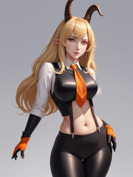 masterpiece, best quality, ultra-detailed, best shadow, cinematic light, hyper detail, intricate details, 1girl, degenbrecher(arknights), solo, necktie, goat girl, black necktie, horns, hair between eyes, goat horns, suspenders, animal ears, blonde hair, very long hair, black pants, black gloves, yellow eyes, collared shirt, (orange shirt), goat ears,pants, mediun brests, thick hips,simple background, face focus, seductive face, gray wall, random pose, bokeh, 
,Betterthic