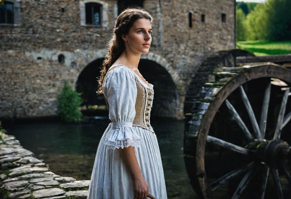 masterpiece, best quality, ultra highres, natural skin texture, brown hair, brown eyes, beautiful  20yo Lucia Mondella (I Promessi Sposi), natural skin texture, ((1600's italian poor woman dress)), near a Watermill in Brianza, Spring,  24mm, 8k textures, soft cinematic light, adobe lightroom, photolab, hdr, intricate, elegant, highly detailed, sharp focus, ((((cinematic look)))), soothing tones, insane details, intricate details, hyperdetailed, low contrast, soft cinematic light, dim colors, exposure blend, hdr, faded, full body, ((small eyes)), hyperealistic