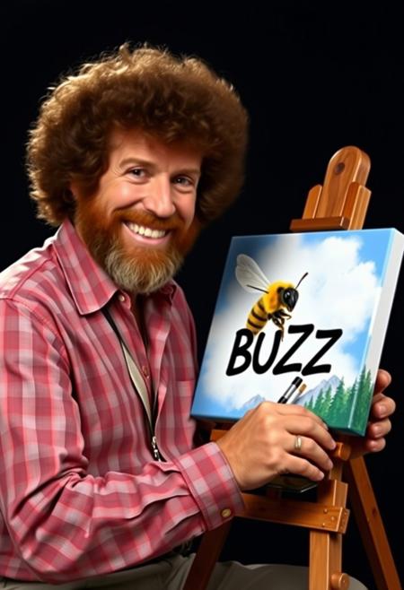 Realistic photo of Bob Ross painting a bee with the text "BUZZ" on a canvas, smiling. dark background