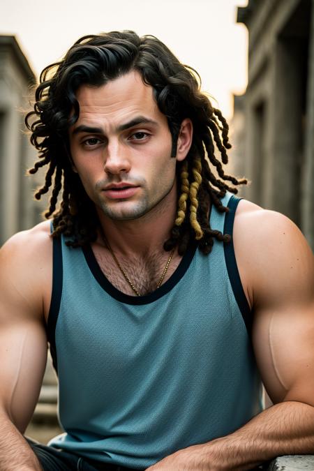 (masterpiece), (extremely intricate:1.3), (realistic), Sitting photo of PennBadgley, (sadness:1.2), wearing tank top, with dreadlocks haircut , background roman city, (golden ratio photo, Blue Hour Light, Nikon L35AF Camera, ƒ/1, ISO 1600, Macro, holography, hyperdetailed), <lora:PennBadgley:1.2>, RAW photo, (high detailed skin:1.2), 8k uhd, dslr, high quality, film grain