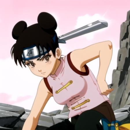 <lora:tenten-04:1>, tntn, 2 buns, short brown hair, "sleeveless pink shirt", girl, v eyebrows, crouching, armpits, black pants, rock, side view, scrolls, weapons