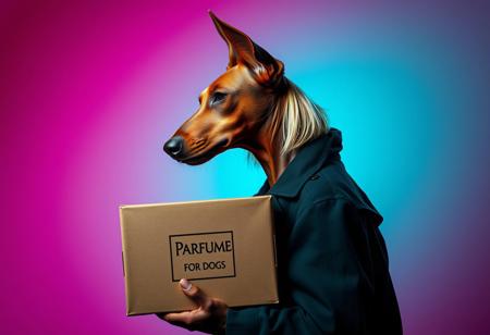 An anthropomorphic brown Dobermann dog with soft, long, natural ears and a blonde bobcut with long hair in the back, wearing a black trenchcoat, depicted in profile, side view. The dog is holding a cardboard box labeled ‘Parfum for Dogs’ in a surreal and avant-garde fashion illustration style. The scene features a turquoise silver grunge aesthetic against a gradient magenta and teal background. The setting includes vivid colors, filigree details, and photorealistic rendering. The lighting is moody chiaroscuro, enhanced by the visual distortion of fisheye cinema prime lenses (9mm) and noir film-style color correction