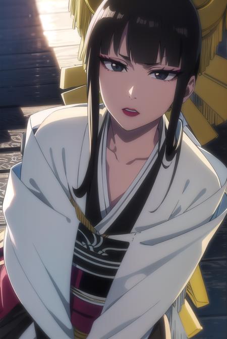 senjumaru shutara, long hair, bangs, blunt bangs, black hair, sidelocks, (black eyes:1.5), makeup, lipstick, red lipstick, japanese clothes, kimono, mechanical arms, extra arms,