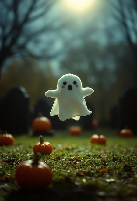 35mm photograph, film, bokeh, professional, in the graveyard sits one adorable cute plushie ghost, floating above ground, in moonlight, pumpkins, hyperrealistic, super realistic, sharp focus, 32k, (((masterpiece))) (((ultimate quality))), exquisite beauty, highiest texture resolution, photorealistic, fantasy setting, epic composition, ral-smlvltnpls