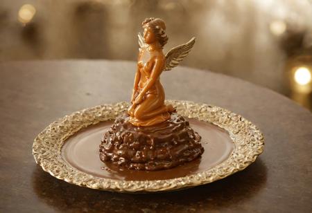 masterpiece, 4k, ray tracing, intricate details, highly-detailed, hyper-realistic, 8k RAW Editorial Photo.
 Fancy plate, angel statue made of caramel, chocolate on top 
, cinematic light, dramatic light, shallow depth of field, high budget, bokeh, cinemascope