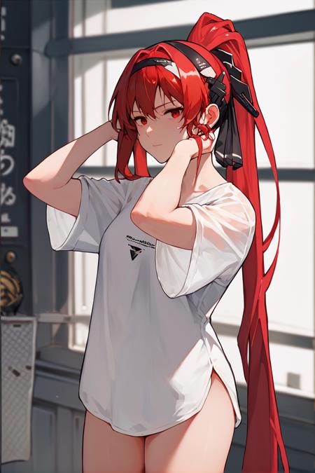 veragarnet, red hair, red eyes,  very long hair, ponytail, black hairband, black ribbon, headgear, cropped jacket, black jacket, elbow gloves, black gloves, white dress, multiple belts, black thighhighs, thigh boots  black dress black pantyhose veramisc low wings, mechanical wings