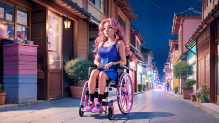 masterpiece upper-body shot of a gorgeous beautiful woman in a wheelchair <lora:wheelchair-20:0.4> in Seoul at night, caustics, pink hair, blue eyes, anime, disney, pixar, long curly hair