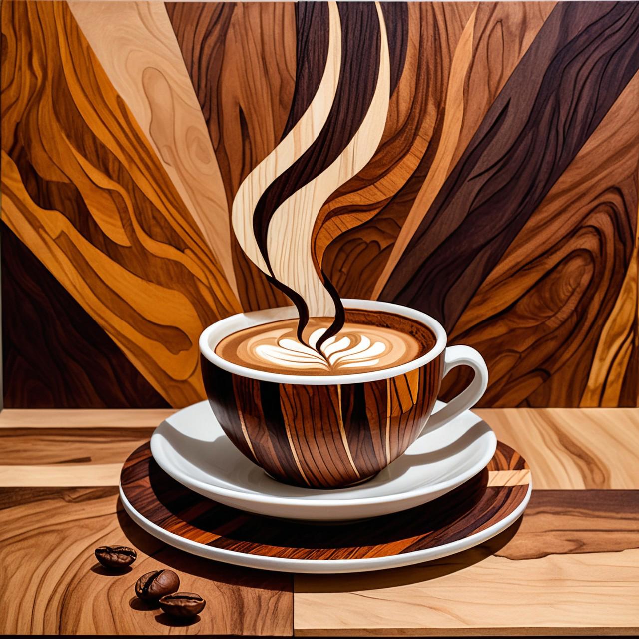 Flat artwork in the style of marquetry art using jacaranda and walnut wood and chrome of a Coffee Cup The lighting is diffuse