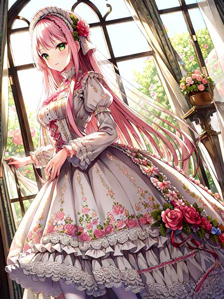 ((masterpiece)),((best quality)),(ultra-detailed),(illustration),((an extremely delicate and beautiful)),(dynamic angle), 
1girl, flowers, spring, beside window, rose, very long hair, detailed face, long eyelashes,  flower in eye,  frilled sleeves, corset, tiara, princess, 
green eyes, wide-eyed, clear sky, daylight, sunny, pink and white dress, flowers, hair ornament,  white lace-trimmed legwear, pink hair,  hair flower, patterned clothing, floral print, candy patterned dress,  (lo sweet:1.4),  <lora:lo_fashions_v5:0.64>