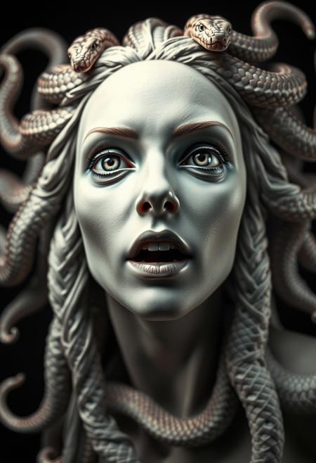 Medium shot of Medusa, beautiful, snakes at the hair, dramatic, (masterpiece, best quality, high quality), hyperdetailed, highres, intricate detail, HDR, 8k, sharp focus, realistic eyes, detailed skin texture, subsurface scattering, realistic, dark, photorealistic,