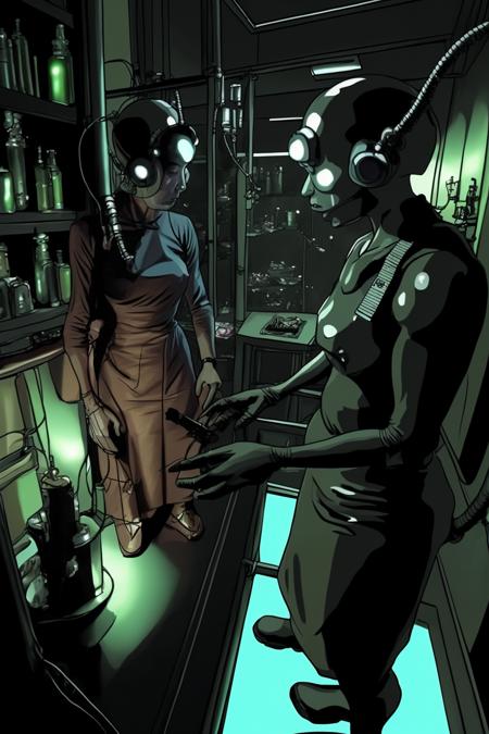 cell shading, drawing, -An eerie sci-fi scene set in a shadowy laboratory, where a team of scientists is conducting experiments on a mysterious alien artifact. Detailed machinery, scientific instruments, and complex computer interfaces create a sense of authenticity and realism, while ominous lighting and a sense of foreboding add tension and suspense.