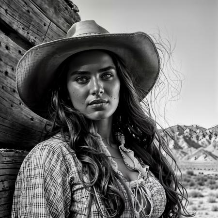 RAW, photorealistic, best_quality, cowboy-shot of a good looking woman in the western american frontier, year 1860, mediterranean face features, the style of Ansel Adams