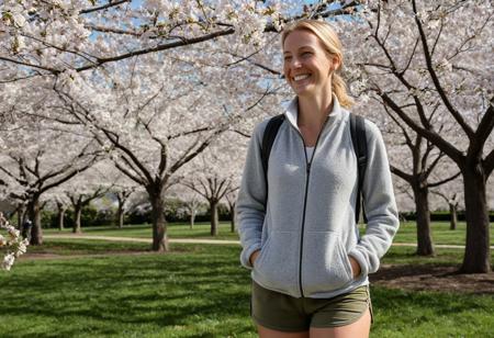 **Smithsonian Gardens - Peaceful Blossom Contemplation**
A photorealistic (8K) image of a 40-year-old woman standing quietly among the Smithsonian Gardens' cherry trees, her slender oval face and narrow straight nose profile softened by dappled sunlight filtering through petals. Her sleek blonde hair is tied back to reveal striking blue eyes surrounded by delicate laugh lines and subtle wrinkles that speak of wisdom and warmth. The detailed natural texture of her skin shows sun-kissed freckles, visible pores, and authentic smile lines - no artificial makeup masking her genuine beauty. Dressed in a soft grey zip fleece with olive shorts and hiking sandals, her floral fanny pack resting at her waist, she embodies relaxed spring elegance. Captured with a 35mm f/8 lens to render both subject and blossoming environment in sharp detail, the composition creates a serene atmosphere perfect for contemplative travel editorials.