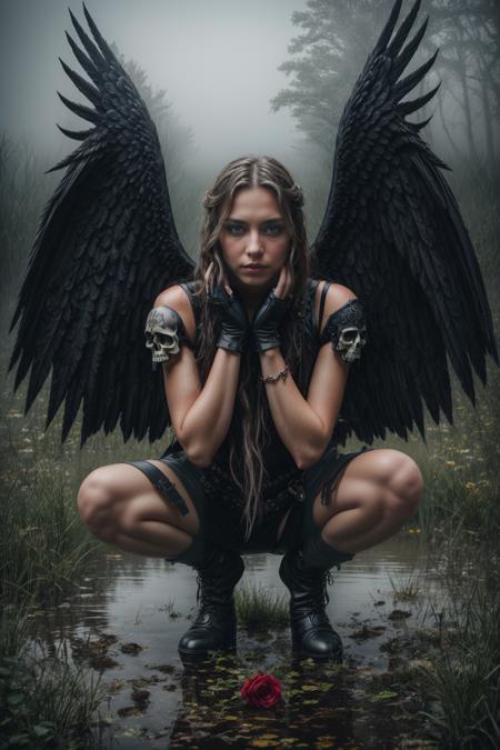 RAW photo of a sad female fallen angel with black wings in a foggy swamp, light leather armor, squatting, looking at viewer, (((skulls))) and roses on ground, bright blue eyes, dystopic, highly detailed, (high detailed skin:1.2), vibrant colors, intricate, ultra hd, 8k uhd, dslr, soft lighting, high quality, film grain, F4, sharp focus, Fujifilm XT3, Luis Royo style <lora:epiNoiseoffset_v2:0.5> <lora:more_details:0.5>