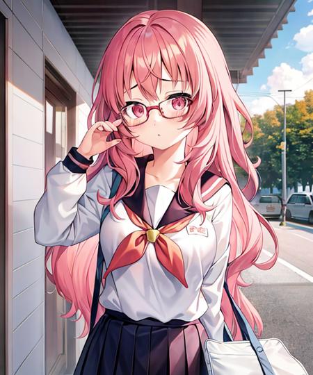 1girl, ai_mie, bangs, glasses, pink hair, sailor_collar, school_uniform, serafuku, sad <lora:ai-mie:1>