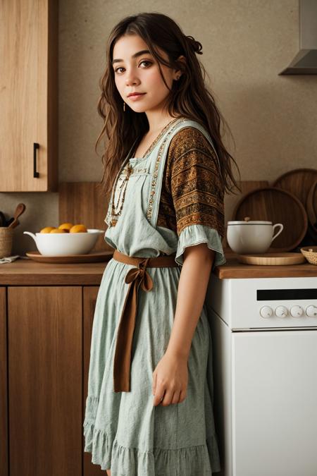 spanish dwarf, simple kitchen background, raw photo, boho fashion photography, stylish,trendy,editorial