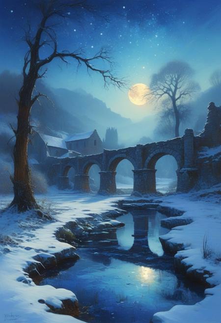 Surreal mist-covered valley at dawn, oil painting with thick textured brushstrokes, illuminated by the soft, pale light of the full moon casting long shadows across a medieval stone bridge. The scene features delicate, glowing vines winding around crumbling ancient columns, and jagged, snow-covered mountains in the distance. A winding path of weathered stone leads through the valley, past ancient pine trees covered in flurries of snow. Distant reflections of crumbling gothic structures are reflected in a frozen pond, captured in fine brushstrokes. Surrounding the horizon, vibrant stars begin to emerge as the sky transitions from a deep indigo to a dark violet , with soft hints of blue and brown strokes. Pointillism for the distant stars, light textures for fog layers, and detailed oil painting for foliage, rocks, and ruins add depth and complexity, blending classical realism and contemporary surrealism in a hyper-detailed, atmospheric composition.
