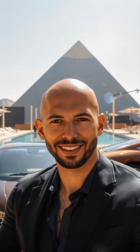 smiling Andrew Tate beams confidently in front of a grand pyramid, surrounded by sleek Bugattis glistening under the bright sun, near luxurious swimming pools, with stogie cigars elegantly resting nearby, evoking wealth and extravagance.
 8k uhd, raytracing, cgi, lumen reflections, cgsociety, ultra realistic, 100mm, film photography, dslr, cinema4d, studio quality, film grain