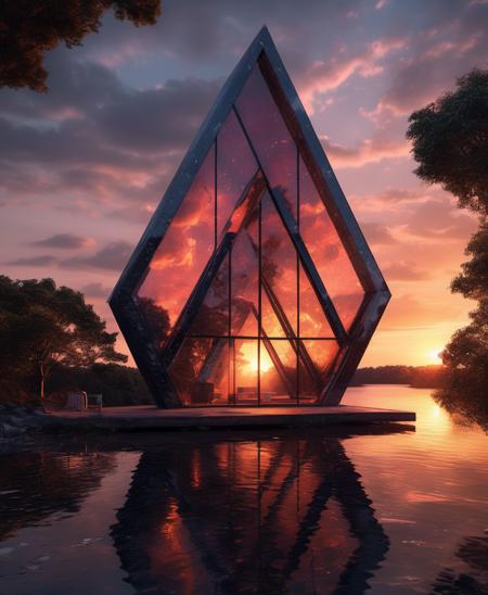 <lora:Triangle Glass Houses Artstyle - Trigger is trhs artstyle:1> trhs artstyle, Shadows I'm In Your Eyes. , sunset, dusk, warm, love, emotions, chillworthy, memories, unreal engine 5 , wired artifacts strung to artistry, ((triangular glassy ice shelved to thawrn))