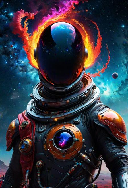 In the depths of the cosmic void, where ancient civilizations lie dormant and forgotten, an otherworldly figure emerges clad in a spacesuit adorned with vibrant hues. Its face, resembling a swirling black hole with flames dancing within, exudes an aura of enigmatic power and cosmic energy. Rendered in a whimsical mix of styles inspired by artists like Jean Baptiste Monge and Ismail Inceoglu, the character design captivates with its hyperdetailed features and vivid colors. Against a backdrop of swirling nebulae and distant galaxies, its presence a masterpiece of imagination and artistry. Trending on ArtStation, this hyperrealistic depiction of an alien creature combines the fantastical with the photorealistic, inviting viewers to explore the wonders of the cosmos in stunning 4K resolution.