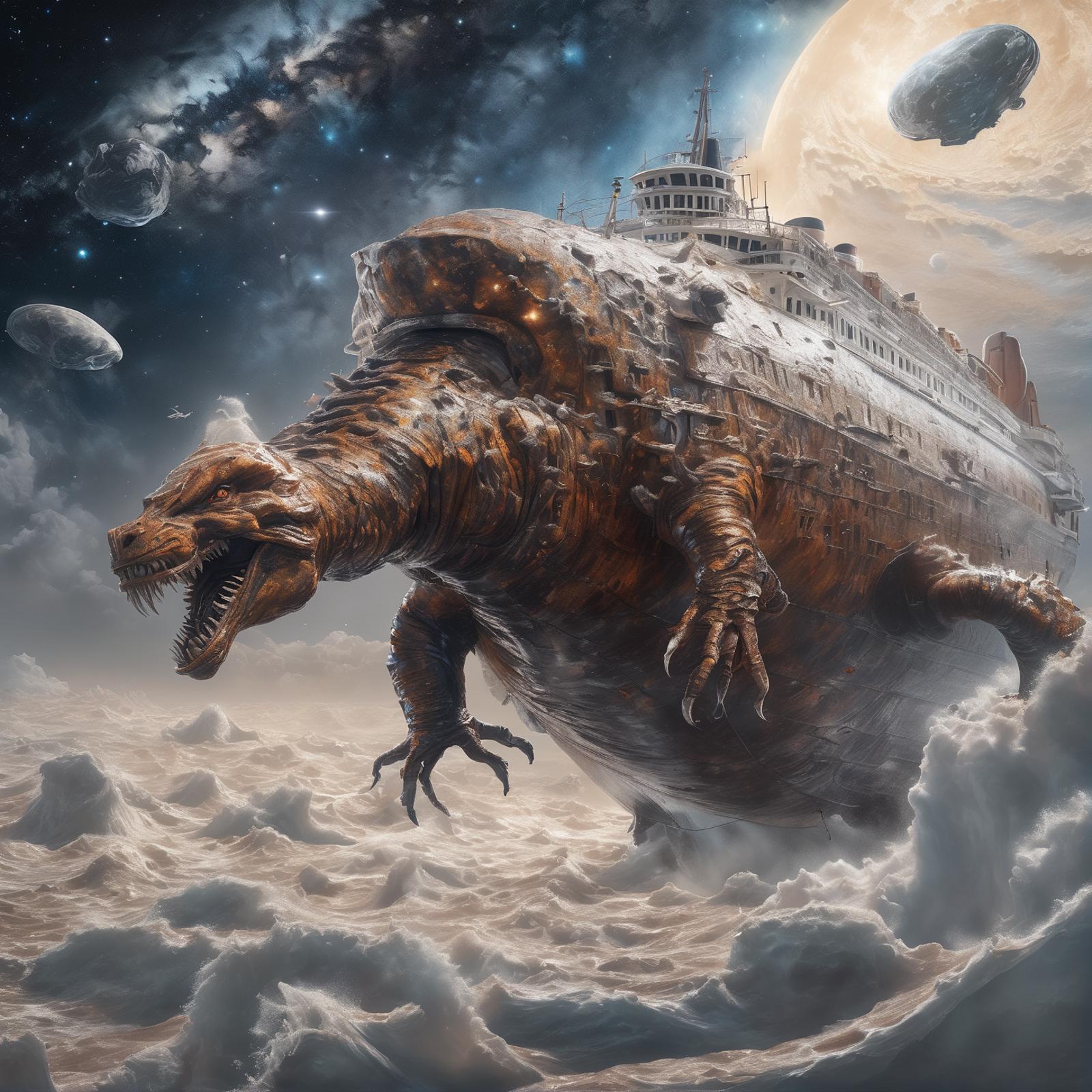 An artistic image of a giant turtle with a spaceship on its back.