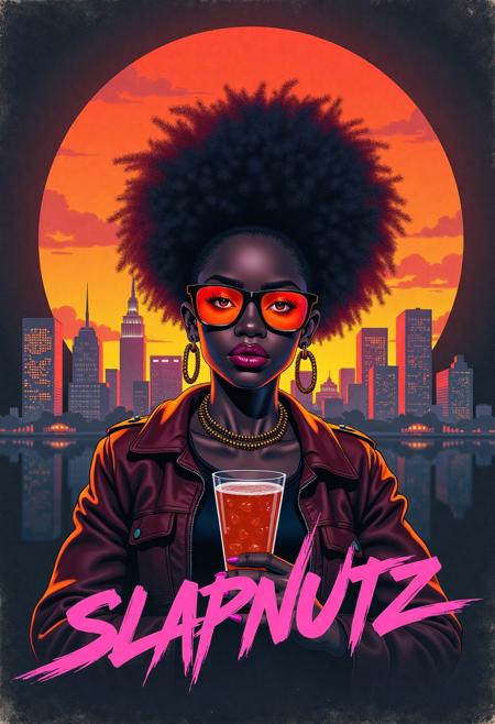 vintage movie poster, title: "SLAPNUTZ", of an epic cyberpunk adventure featuring a Ebony Female Gangsta with colored glasses and multicolored hair Having a Drink, New Tejas skyline in the background, a gritty texture, saturated colors, with a 80s aesthetic, a dark background, a dark orange and black color palette, a cityscape in the distance. Film grain, symmetrical, maximalist, realistic skin texture, accurate, refined, defined, highly detailed,