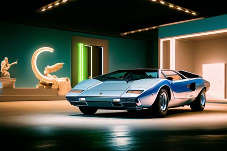 analog gloomy photo of an iridescent silver Lamborghini Countach car,  <lora:c0unt4ch:0.8>, ((at night)), in a photography studio, ((greek sculptures in the background:1.2)), (neon lights), (vaporwave), retrowave, (outrun), (cyberpunk), (laser beams), futuristic, magical, surreal, dreamy, High Detail, Sharp focus, (photorealism), realistic, best quality, 8k, award winning, dramatic lighting, epic, cinematic, masterpiece, rim light, ambient fog:1.5, dutch angle, wide angle lens, ,