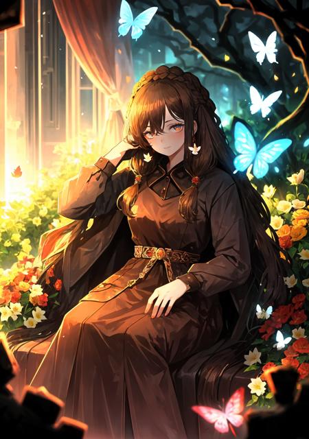 limbus, 1girl, solo, looking at viewer, <lora:Limbus-06:1.4>, (Random:1.3), dutch braid, brown hair, upturned eye shape, coral eyes, onepeace dress, serene butterfly garden with colorful blooms, beautiful