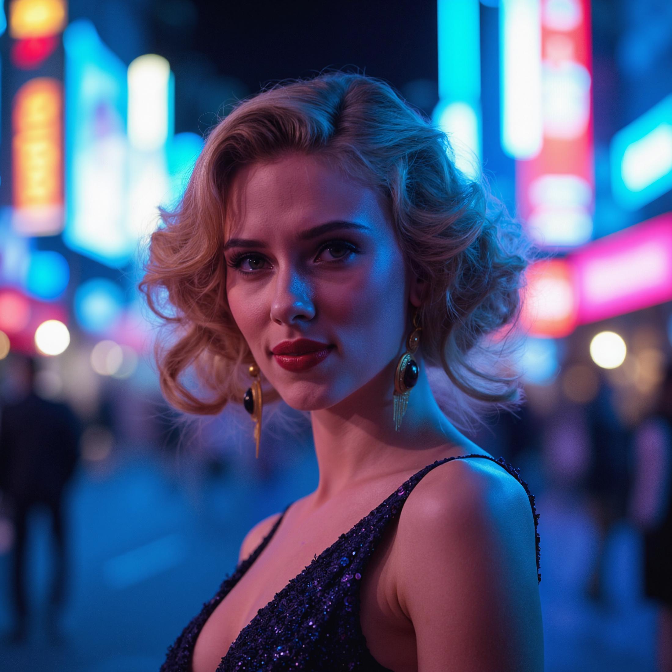 A captivating portrait of Scarlett Johansson standing on a lively city street at night, bathed in the glow of neon lights. The street is alive with vibrant neon signs and advertisements, casting dynamic blue and pink hues across the scene. The neon lights create a striking contrast with the night sky, adding a colorful, energetic atmosphere to the urban backdrop.

Scarlett Johansson is wearing a stylish and elegant dress that complements the neon lighting. The dress is a sleek, form-fitting design with a modern silhouette, possibly in a bold color like deep blue or a shimmering metallic that reflects the neon lights beautifully. The fabric is smooth and possibly adorned with subtle sequins or embellishments that catch the light, adding a touch of glamour.

Her makeup is glamorous and bold, with an emphasis on dramatic eyes and perfectly applied lipstick that complements the neon colors. Her eyes are accentuated with eyeliner and mascara, making them stand out under the city lights. Her lips are painted in a matching or contrasting shade that enhances her overall look.

Her hair is styled elegantly, perhaps in soft waves or a chic updo that frames her face beautifully and complements her dress. The styling of her hair adds to the sophisticated and fashionable feel of the portrait.

The background features a blur of colorful neon signs and glowing advertisements, with their blue and pink lights creating a vibrant, urban ambiance. The lighting highlights Scarlett’s features and the details of her dress, creating a dynamic interplay between the cool blues and warm pinks.

The overall mood of the image is glamorous and modern, capturing Scarlett Johansson’s elegance and poise in a bustling, neon-lit city setting. The contrast between her sophisticated appearance and the vivid neon background creates a visually arresting and memorable portrait.