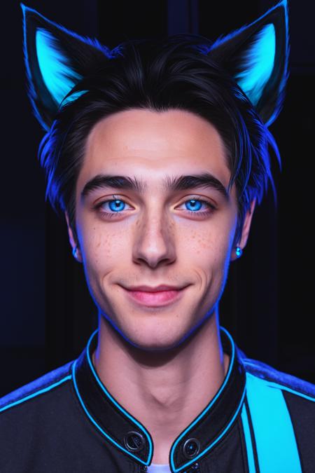 Maverick Ellis Rowe,  1boy,  male focus,  solo,  looking at viewer,  smile,  blue eyes,  black hair,  animal ears,  one eye closed,  cat ears,  lips,  night,  freckles,  realistic,  neon lights, <lora:EMS-48054-EMS:0.400000>