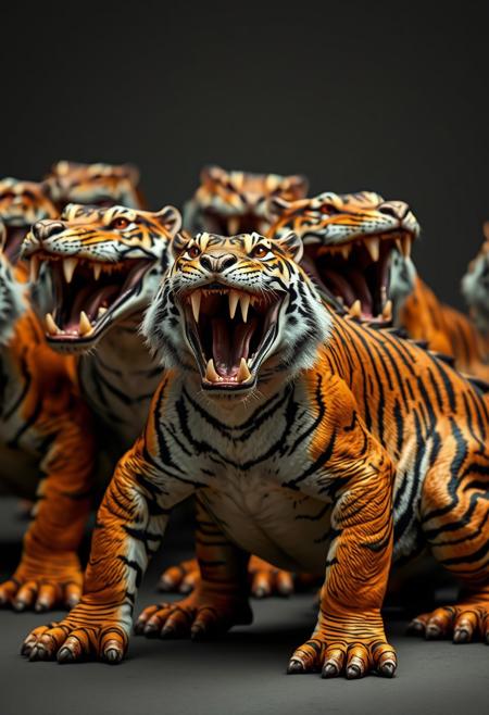 A heard of Tigators, Tiger With Alligator hybrids.   looking fierce with thier alligator snout open for a bite,  elongated head of an alligatori, t has scales instrad of fur. He has short stubby legs and a long flat tail, hes angry. Tigator, a Tiger and Alligator Hybrid creature, real,