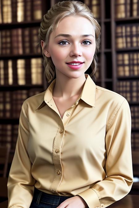 a photo of AM001_Liv_A_v2,
25 years old woman weared (long-sleeve shirt:1.2)
sitting at the table in the library, <lora:LowRA:0.3>,
soft light, golden hour, cheerful mood, shoulder shot, close up, 
4k textures, natural skin texture, skin pores, adobe lightroom, photolab, intricate, highly detailed, sharp focus, professional photo, insane details, intricate details, hyperdetailed, hyperrealistic