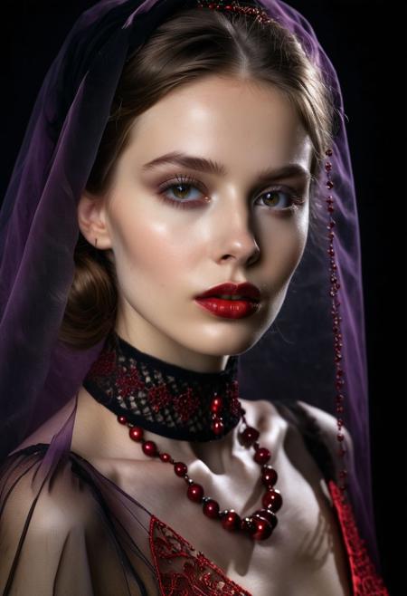 A professional (fashion photo photography:1.2),a  (studio portrait:1.2),showing (surrealistic style:1.1),(black purple gradient background:1.2),(exaggerated character movements:1.5),against glass,(masterpiece, best quality:1.4), perfect body,  long hair, brown hair, brown eyes, parted lips, , detailed skin,model photoshoot, long bob-cut hair, shiny oiled skin, pale skin,  pale white skin, shiny oiled skin, pale skin, realistic eye and face details), hyperrealism, very slim,  4k HDRvaporwave style Ultra High Resolution, wallpaper, 8K,Rich texture details, hyper detailed, detailed eyes, detailed background, dramatic angle,Ultra High Resolution, wallpaper, 8K,Rich texture details, hyper detailed, detailed eyes, detailed background, wearing translucent veils, elegant profile pose, dark photography, dramatic lighting, black background, deep shadows, chiaroscuro, (old russian folk light dress red ornaments:1.1) slim elegant russian girl folk hairstyle halo above head (icon style:1.2) choker, make-up photography by (Ethel Warwick:1.3), modelshoot, pose, , (Ethel Warwick: 1,2) award winning photo macro shot  dramatic lighting,philosophical dimensions,NIKON Z9,35mm,f/1.2,RAW format,stark composition.,(muted tones:1.2),award winning photo,(dream-like quality:1.2),