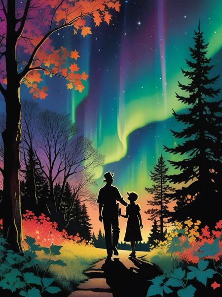 <lora:04Vintageillustration_Hap_XL:3.3>,Norman Rockwell style,vintage poster, Botanical gardens under auroral lights, silhouette of diverse flora, Northern Lights dancing overhead casting ethereal glow, colorful reflections on delicate leaves and petals, night-time setting, stars peeking through the enchanting auroral display, tranquil, harmonious alignment of natural and celestial phenomena, ultra realistic, digital painting.,