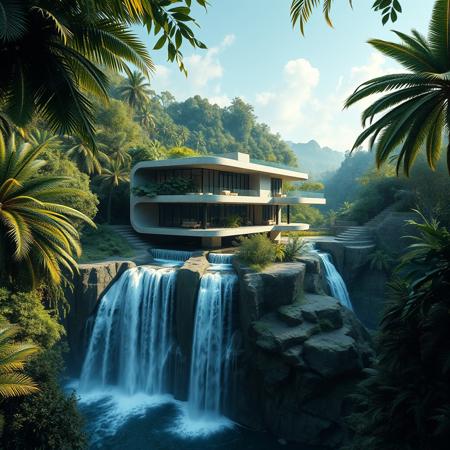 A futuristic concrete modern house on a waterfall inspired from a famous architect, with exotic luxuriant vegetation around, in a tropical jungle setting, photorealistic, a masterpiece, 4K, high details, view from above