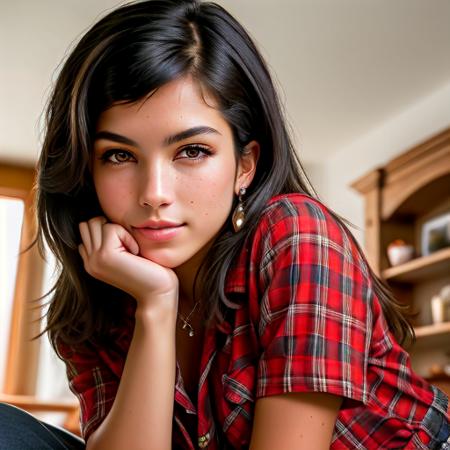 (Masterpiece Photo:) of (Happy)  older nella  wearing checkered red and black shirt and blue jeans staring at the viewer,(big brown eyes) ,(checkered red and black shirt), (blue jeans),Highly Detailed,(close portrait:1.3),(Feminine:1.4),(beautiful:1.4),(attractive:1.3),calendar pose,perfectly detailed eyes,studio lighting,thematic background, (high detailed skin:1.2), 8k uhd, dslr, soft lighting, high quality, film grain, Fujifilm XT3