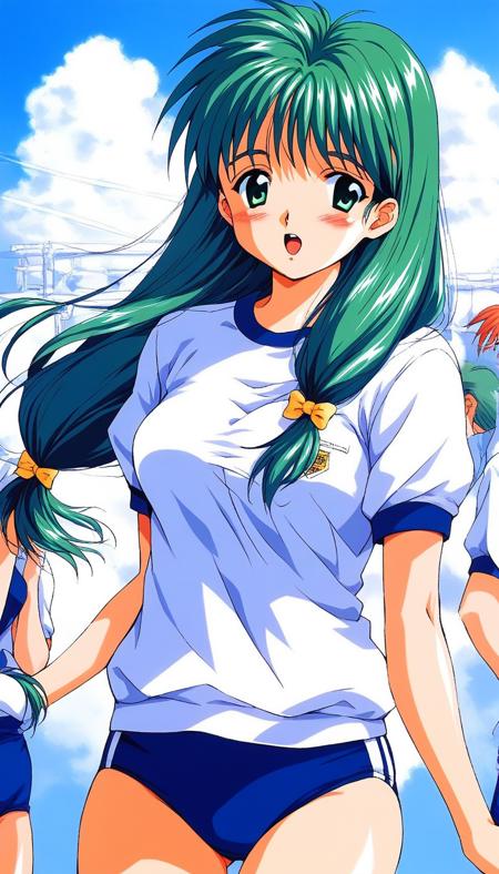 Kisaragi_Mio, long hair, green hair, glasses,  green eyes, hair over shoulder, low-tied long hair,  medium breasts, Kisaragi_Mio, long hair, green hair, no glasses,  green eyes, hair over shoulder, low-tied long hair,  medium breasts, 1990s \(style\), Yellow bow,