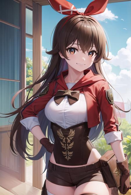 genshinamber, <lyco:genshinamber-lyco-nochekaiser:1>,
amber, brown hair, long hair, (brown eyes:1.5), hair between eyes, hair ribbon, ribbon, red ribbon, <lora:talkmouth_I_v100:1>, smile,
BREAK brown shorts, long sleeves, white thighhighs, shorts, thighhighs, jacket, crop jacket, red jacket, corset, gloves, brown gloves,
BREAK outdoors, nature, forest,
BREAK looking at viewer, (cowboy shot:1.5), upper body,
BREAK <lyco:GoodHands-beta2:1>, (masterpiece:1.2), best quality, high resolution, unity 8k wallpaper, (illustration:0.8), (beautiful detailed eyes:1.6), extremely detailed face, perfect lighting, extremely detailed CG, (perfect hands, perfect anatomy),