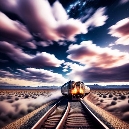 (CosmicTrain style:1) train traveling down train tracks through a desert, a cloudy night sky <lora:djzCosmicTrainV21:0.8>