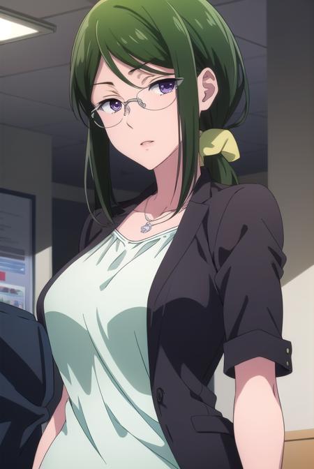 hanakokoyanagi, <lora:hanakokoyanagi-lora-nochekaiser:1>,
hanako koyanagi, green hair, low ponytail, (purple eyes:1.1), glasses,
BREAK skirt, shirt, necklace, office lady,
BREAK looking at viewer,
BREAK indoors,
BREAK <lora:GoodHands-vanilla:1>, (masterpiece:1.2), best quality, high resolution, unity 8k wallpaper, (illustration:0.8), (beautiful detailed eyes:1.6), extremely detailed face, perfect lighting, extremely detailed CG, (perfect hands, perfect anatomy),