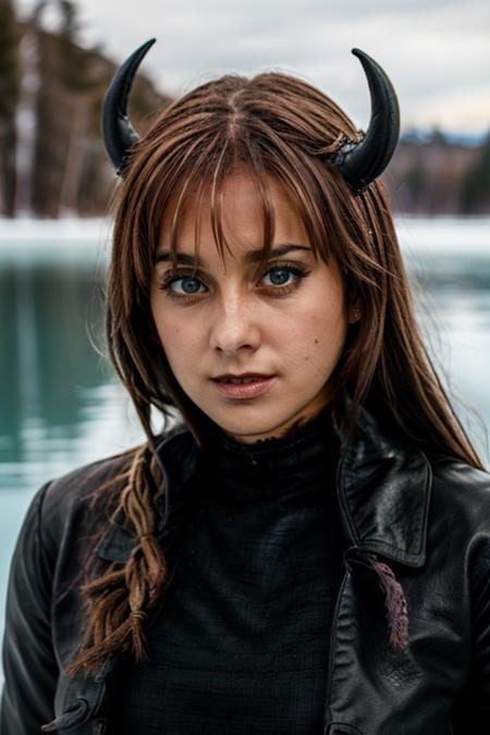 <lora:Louise_Nurding_nee_Redknapp:1> l1873n, 1girl, solo, masterpiece, best quality, detailed face, devil costume,  frozen lakeside