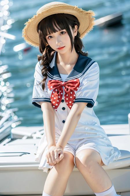 1girl, 3d, bangs, black_hair, blunt_bangs, blurry, blurry_background, blurry_foreground, bokeh, chromatic_aberration, depth_of_field, eyewear_on_head, figure,straw_hat, sun_hat, lips, looking_at_viewer, polka_dot, polka_dot_panties, sailor, sailor_collar, school_uniform, serafuku, kneehighs, looking_at_viewer, motion_blur, photo_\(medium\), white_legwear, realistic, shorts, sitting, loafers, solo, horizon, ocean, outdoors, pool, poolside, railing,  <lora:chunmomo-355:0.65> <lora:chilloutmixss_xss10:0.4>