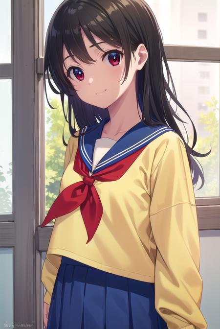 inarifushimi, <lora:inari fushimi s1-lora-nochekaiser:1>,
inari fushimi, long hair, black hair, (red eyes:1.3), smile,
BREAK skirt, school uniform, serafuku, blue sailor collar, shirt, (light yellow shirt:1.5), long sleeves, blue skirt, neckerchief, (red neckerchief:1.5),
BREAK indoors, classroom,
BREAK looking at viewer, (cowboy shot:1.5),
BREAK <lyco:GoodHands-beta2:1>, (masterpiece:1.2), best quality, high resolution, unity 8k wallpaper, (illustration:0.8), (beautiful detailed eyes:1.6), extremely detailed face, perfect lighting, extremely detailed CG, (perfect hands, perfect anatomy),