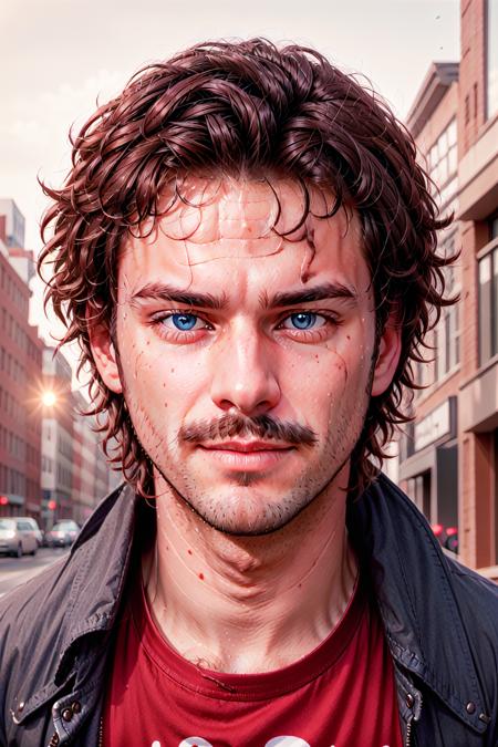 Photorealism Style,  realistic,  1boy,  portrait,  closed mouth,  red shirt,  blurry background,  stubble,  solo,  jacket,  short hair,  male focus,  shirt,  looking at viewer,  mustache,  brown hair,  blurry,  facial hair,  messy hair,  blue eyes, <lora:EMS-49351-EMS:1.000000>