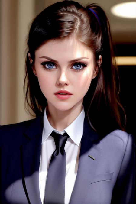 (photo of alexdad-3240:0.99), a woman, (closeup, portrait), ((indoors, department store, business suit, collared shirt)), (ponytail),(lipstick, eyeliner, eye shadow), (pale skin), slight smile, ((detailed eyes, detailed face))((best quality, masterpiece):1.2)