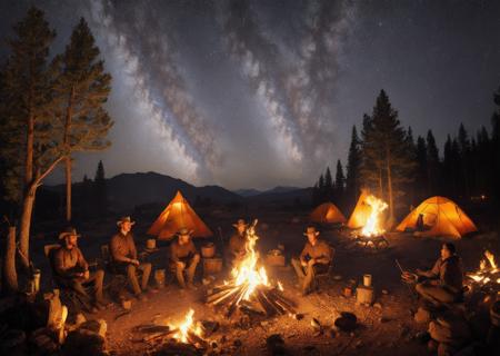 two men sitting around a campfire in a western landscape at night, embers, night, tents, highly detailed, realistic