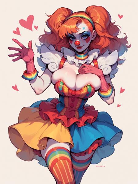 c1rcus, clown, multicolored hair, thighhighs, gloves, makeup, striped hat, jester cap